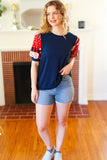 Holiday Stand-Out Navy Patriotic Patchwork Puff Sleeve Top