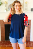 Holiday Stand-Out Navy Patriotic Patchwork Puff Sleeve Top