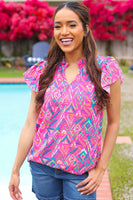 Eyes On You Fuchsia Boho Ikat Print Frill Notch Neck Top