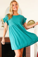 Summer Days Teal Waffle Knit Ruffle Sleeve Babydoll Dress