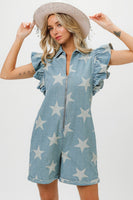 BiBi Ruffled Star Half Zip Denim Romper