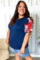 Holiday Stand-Out Navy Patriotic Patchwork Puff Sleeve Top