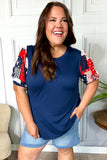 Holiday Stand-Out Navy Patriotic Patchwork Puff Sleeve Top