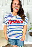 America Proud Blue Striped Embroidered Puff Sleeve Top