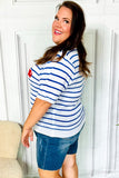 America Proud Blue Striped Embroidered Puff Sleeve Top