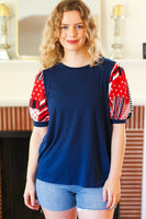 Holiday Stand-Out Navy Patriotic Patchwork Puff Sleeve Top