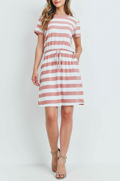 Stripe Short Sleeve Cinch Waist Dress