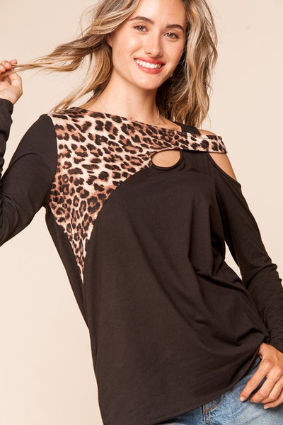 Animal Print with Cold Shoulder Long Sleeve Top - Summer Lush Boutique 